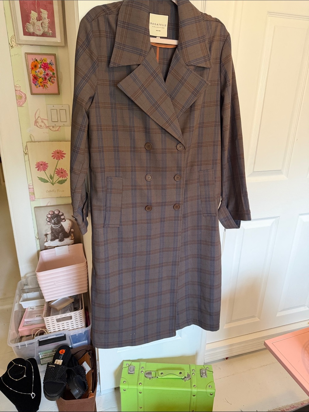 bagatelle Gray Plaid Double-Breasted Trench Coat
